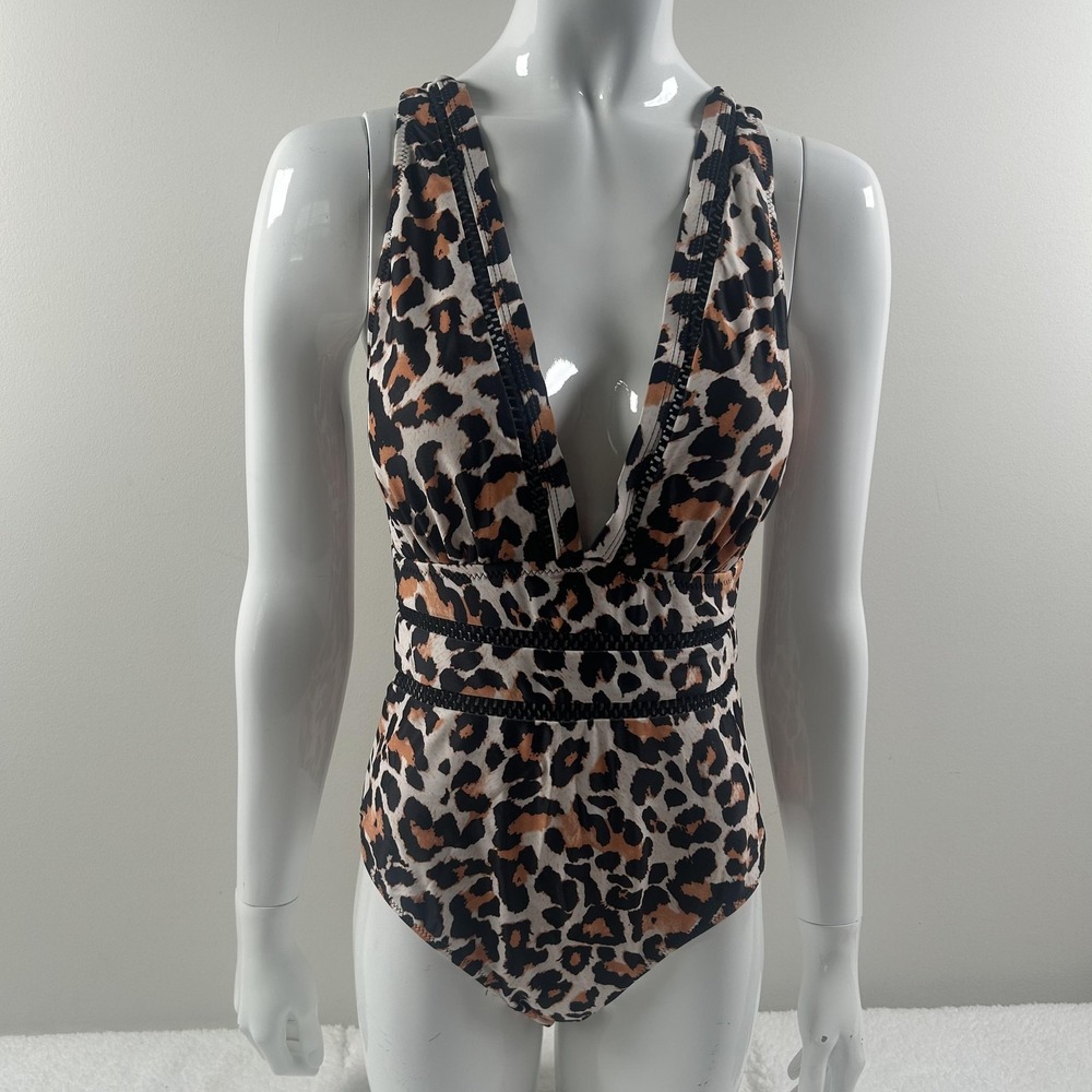 Tempt Me Swimsuit Womens Medium Leopard Print One Piece Plunge Crossback Wrap - Picture 1 of 16